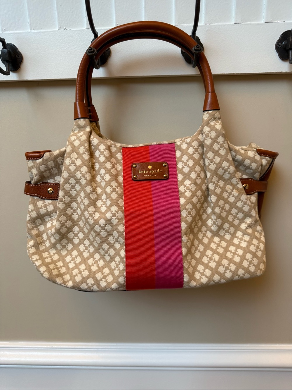 kate spade Beige Logo Shoulder Bag with Pink and Red Center Stripe